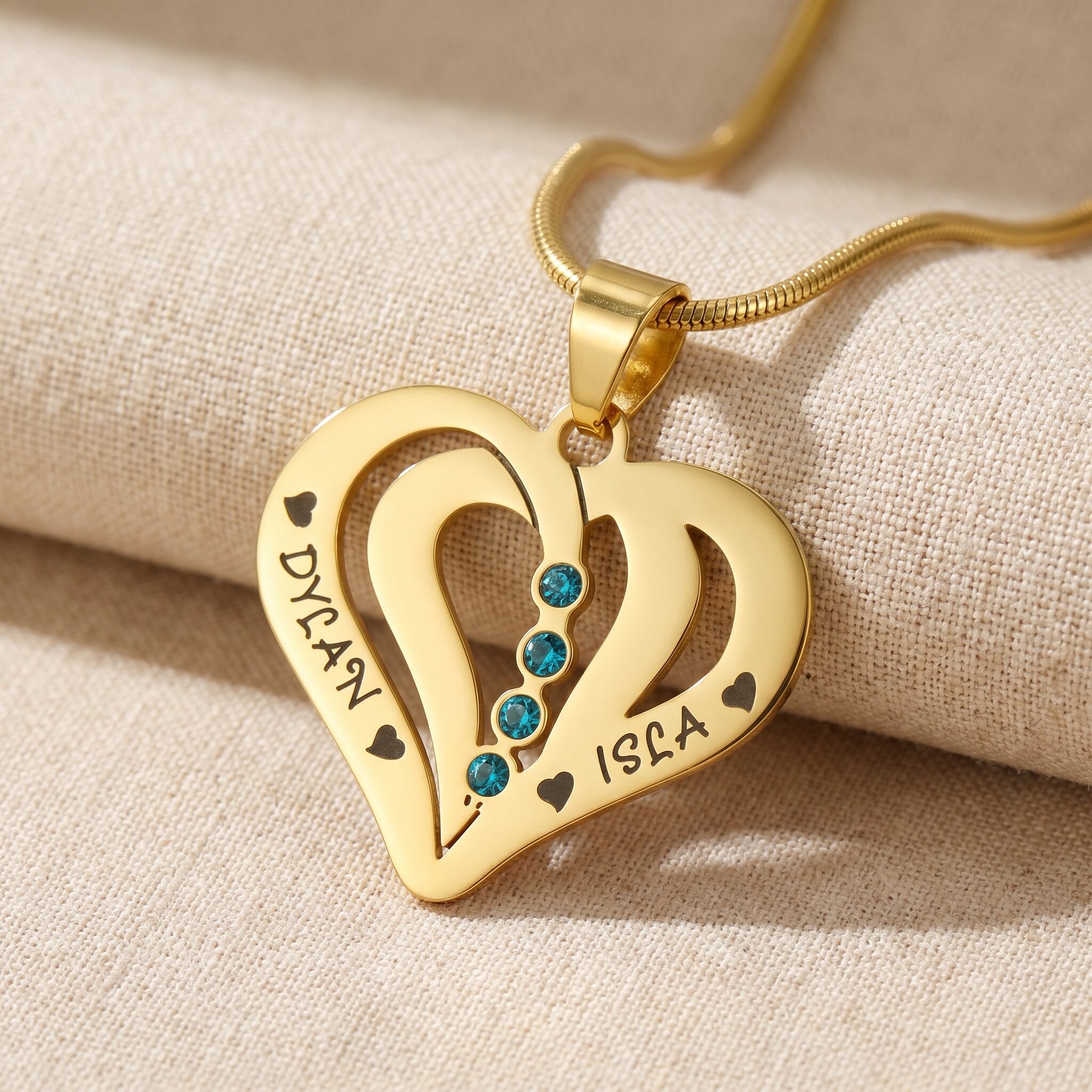 Birthstone heart necklace with custom gemstone placements, personalised family keepsake jewellery