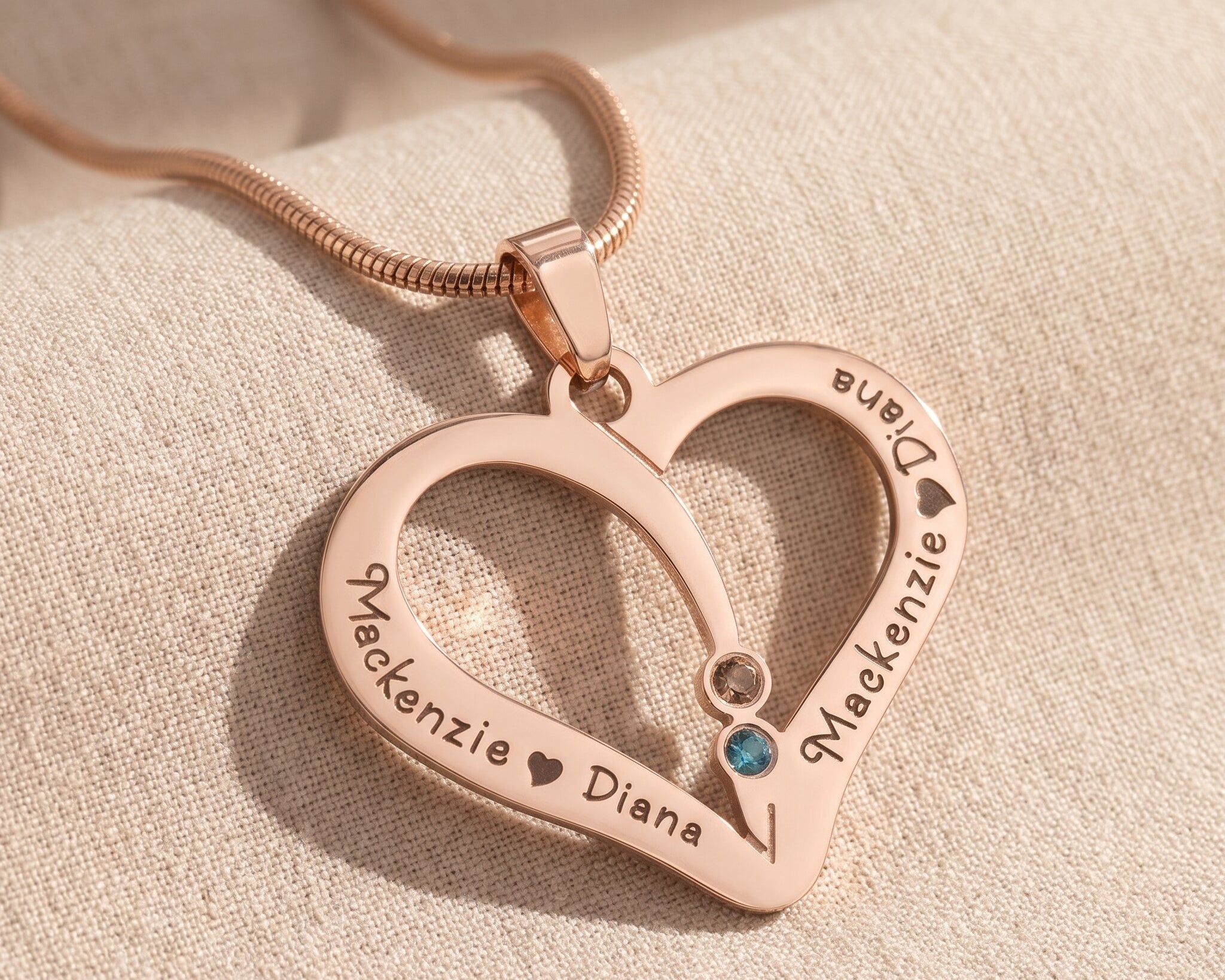 Birthstone heart necklace in rose gold with engraved detail, elegant mother jewellery gift