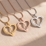 Birthstone heart necklace tone comparison showing gold, silver and rose gold family keepsake designs
