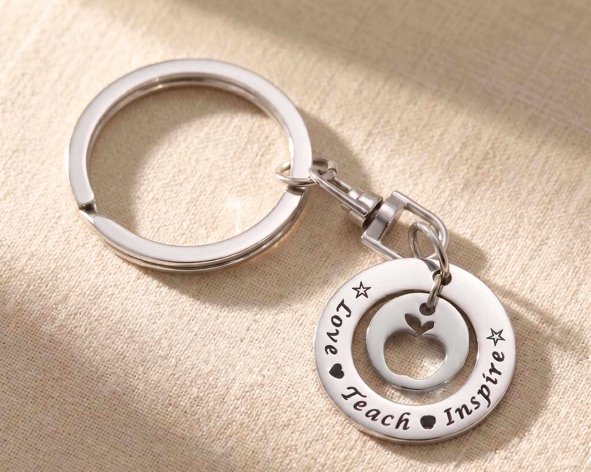 Love teach inspire keyring in silver with engraved message, thoughtful teacher gift keepsake