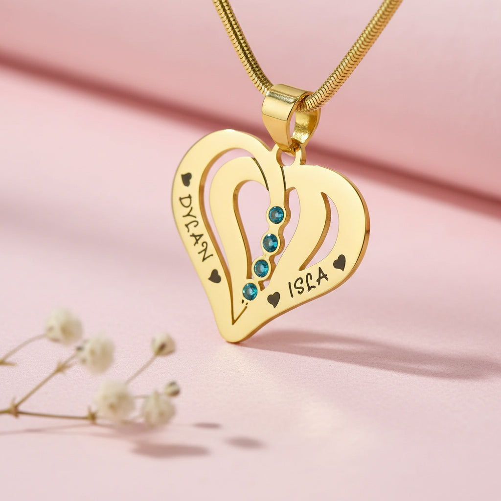 belle fever personalized love heart necklace with engraved name and birthstones, romantic custom jewelry gift