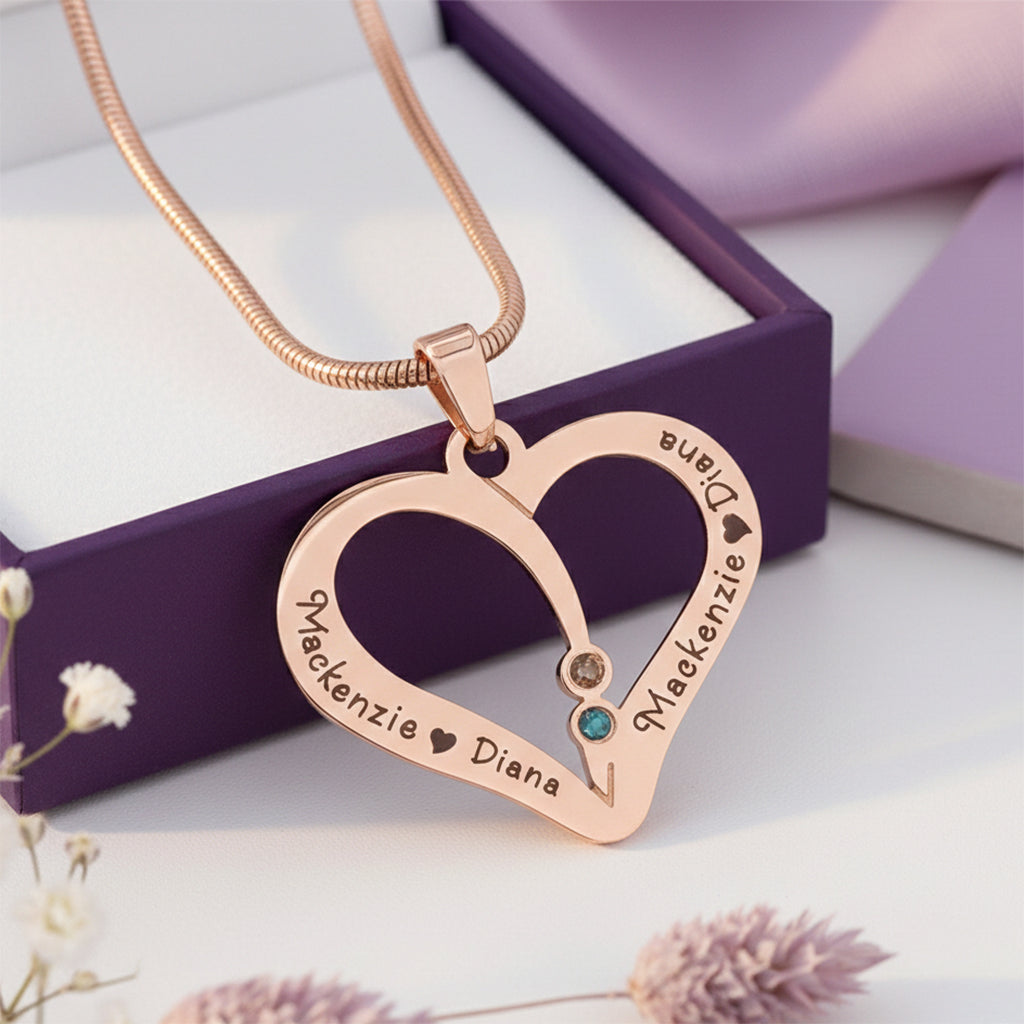 Personalized love heart necklace with engraved name pendant and 2 or 4 birthstones, meaningful gift by belle fever