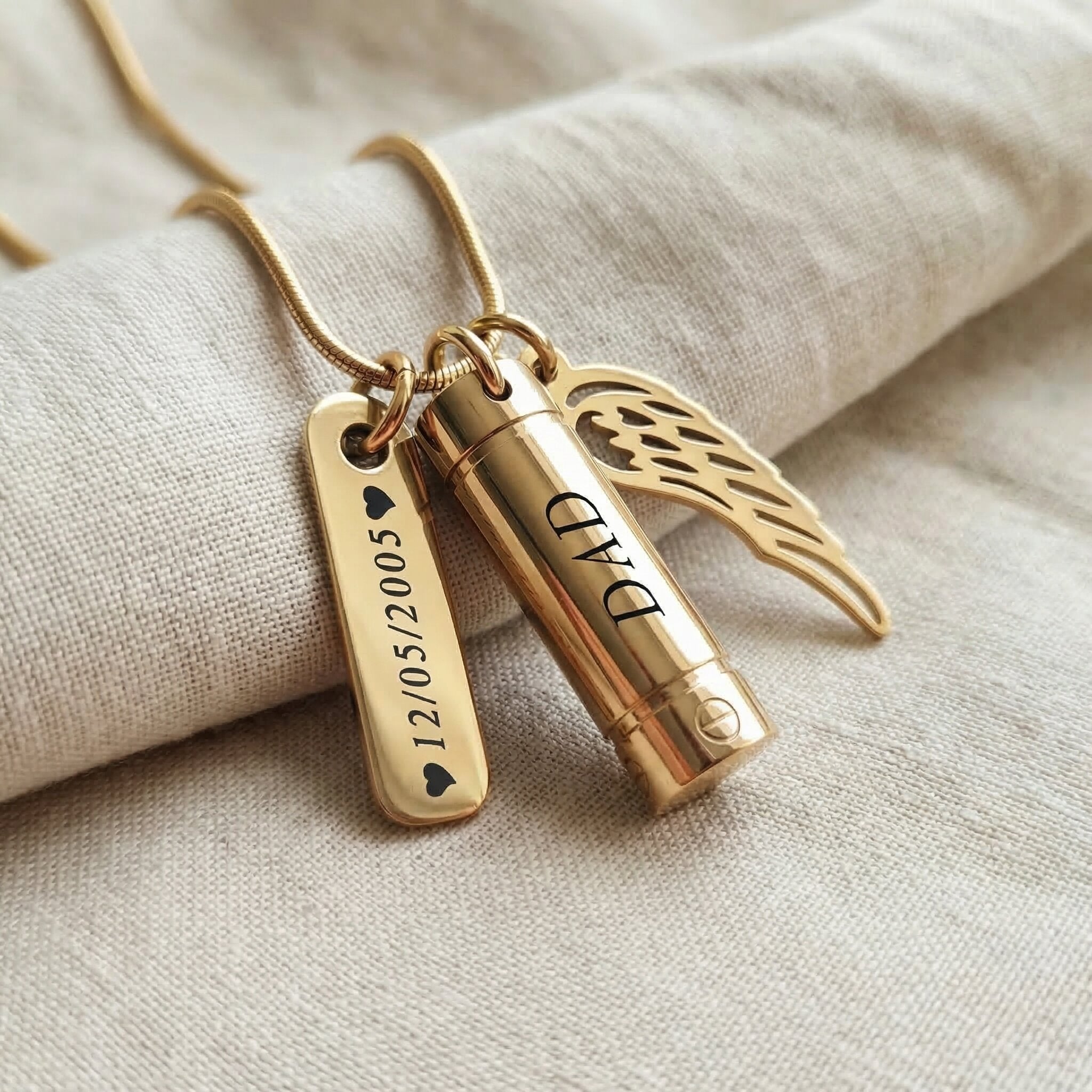 Memory Cremation Necklace in gold with engraved bar pendant, memorial jewellery keepsake