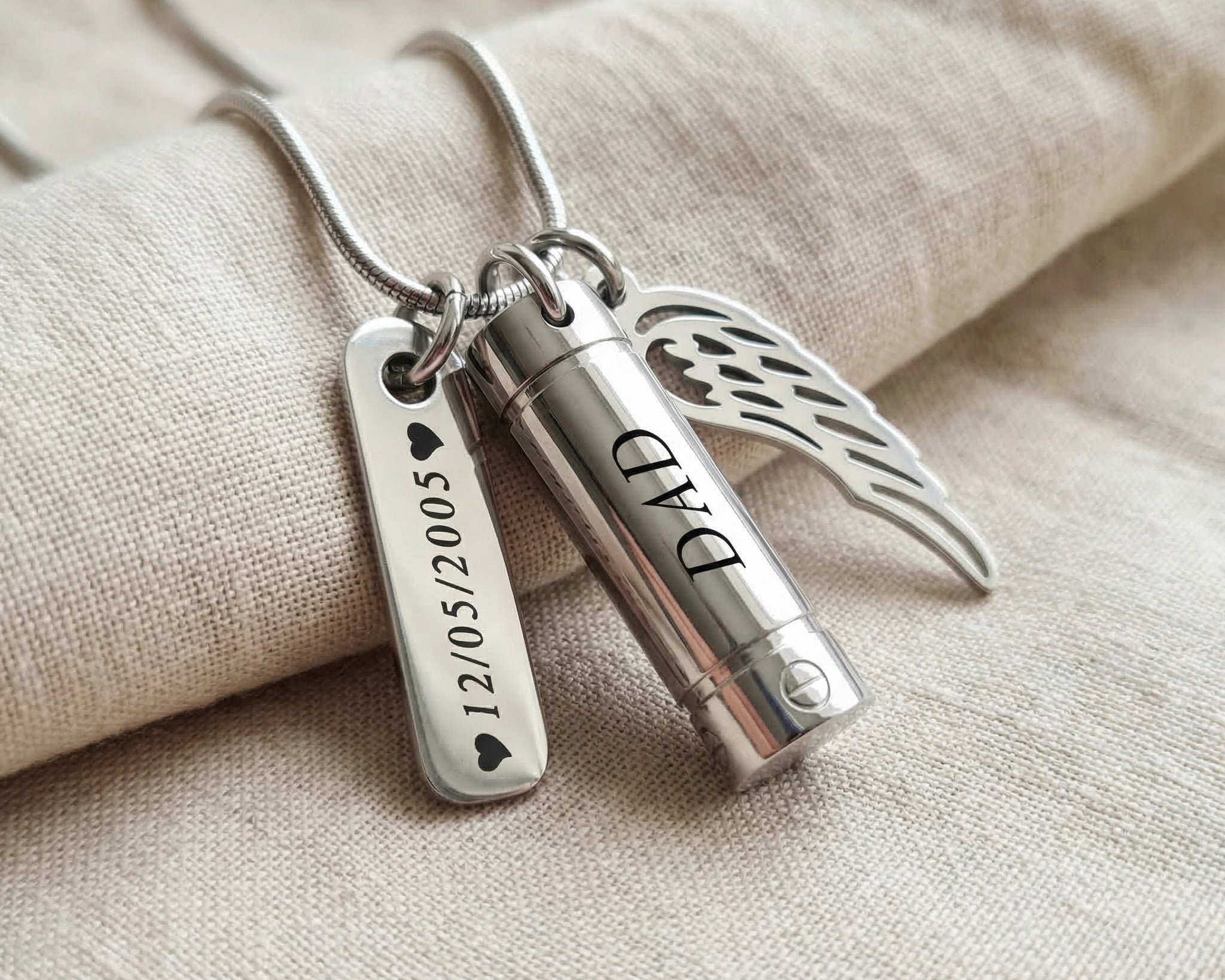 Memory Cremation Necklace in silver with engraved bar pendant, memorial jewellery hero image