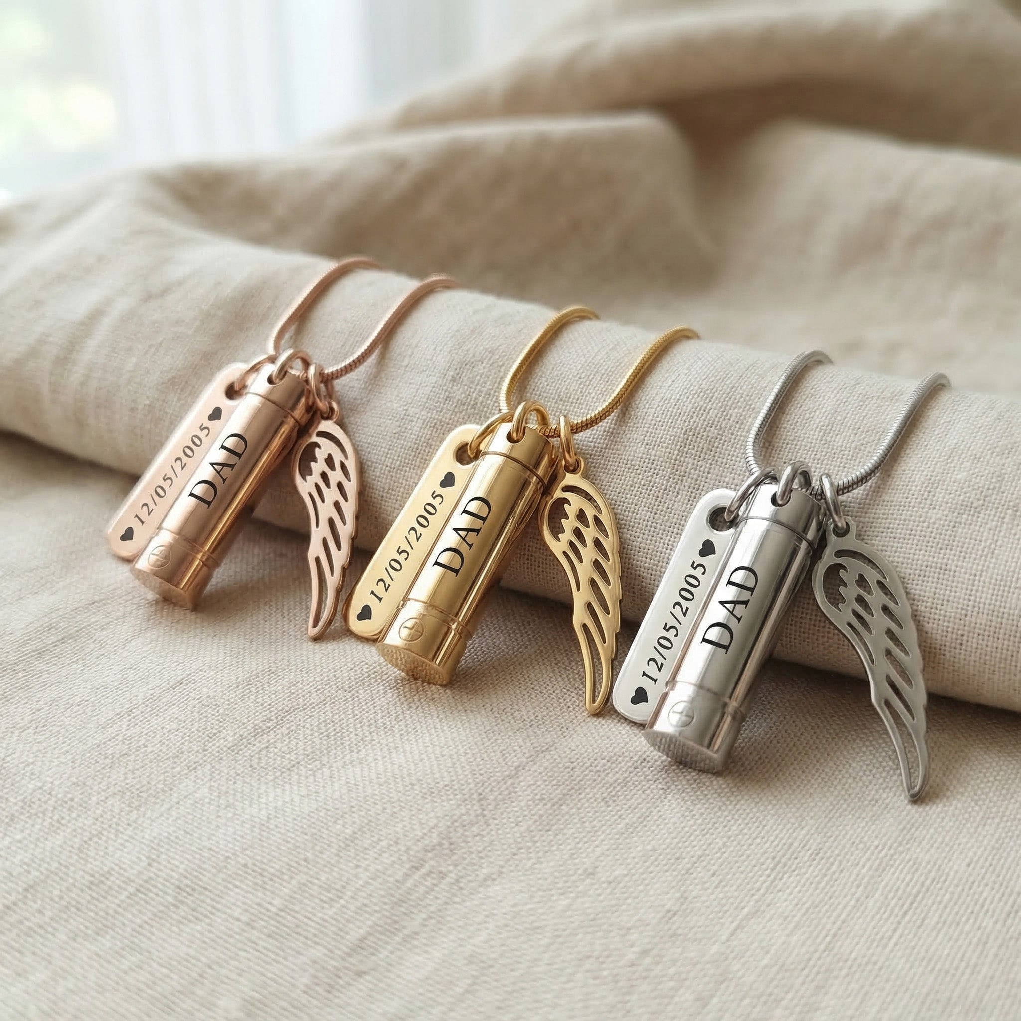 Memory Cremation Necklace tone comparison showing gold, silver and rose gold pendants