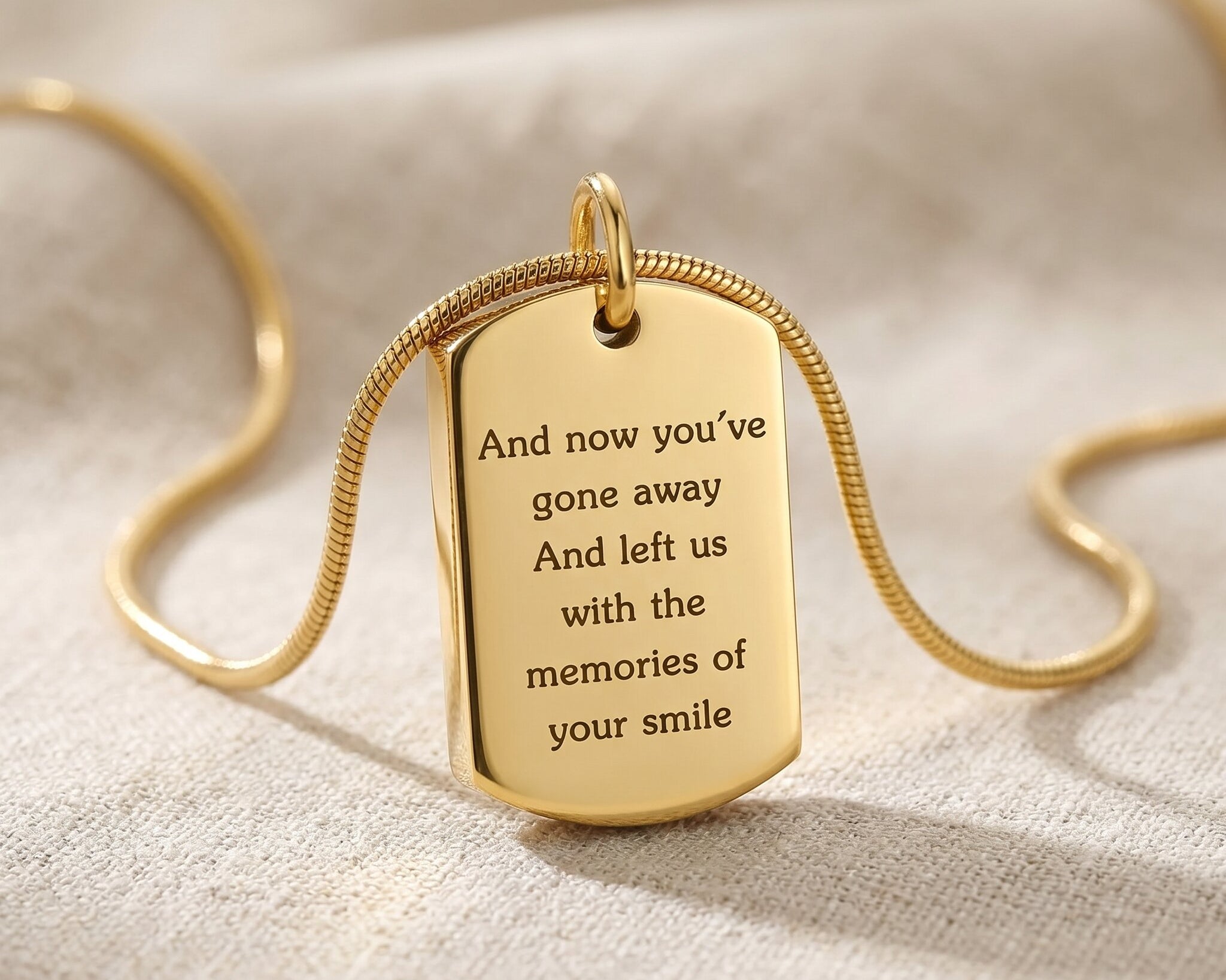 Memory tag cremation necklace in gold, memorial ashes keepsake jewellery for remembrance and loss