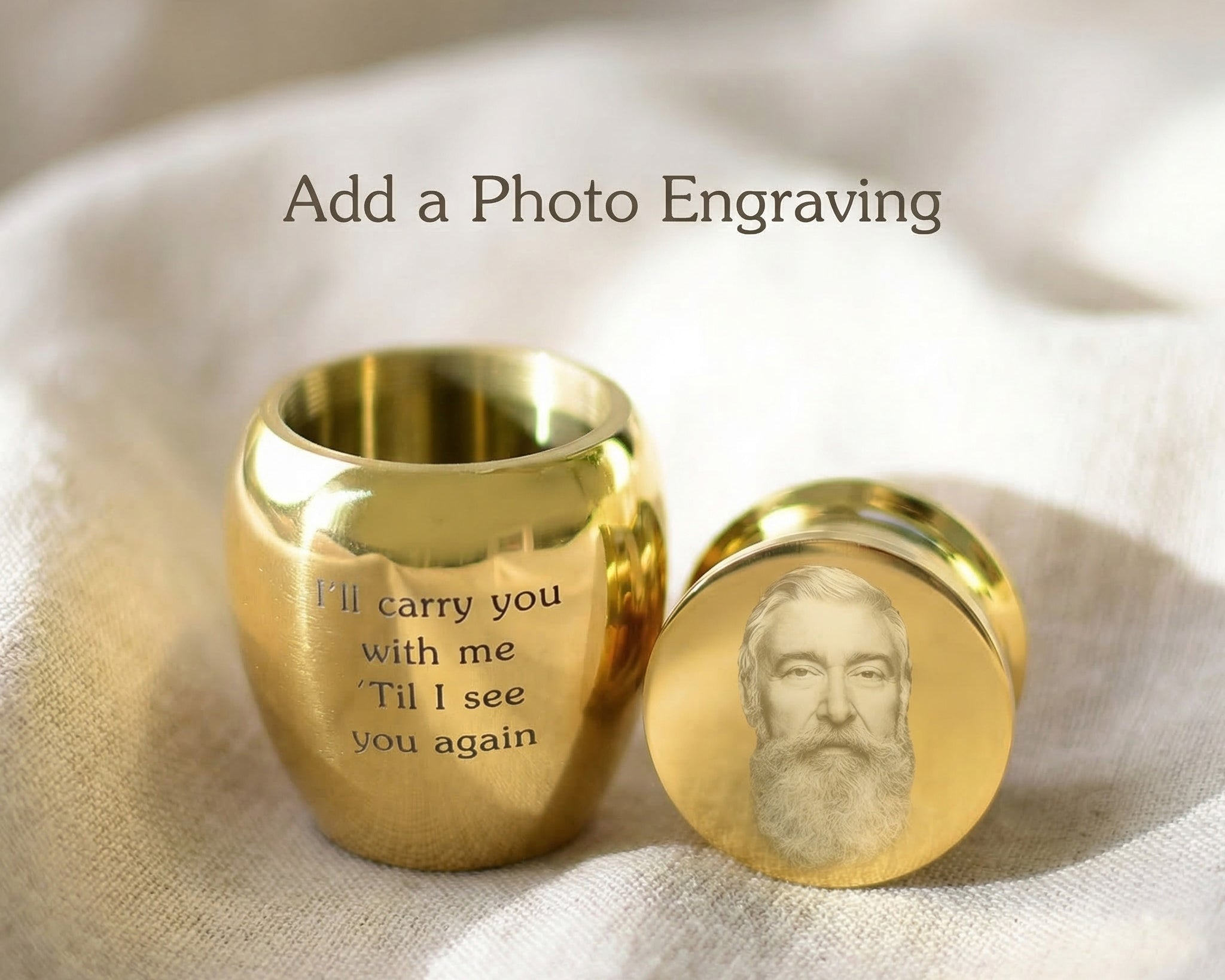 Mini Personalised Keepsake Urn showing engraving photo options and custom message detail
