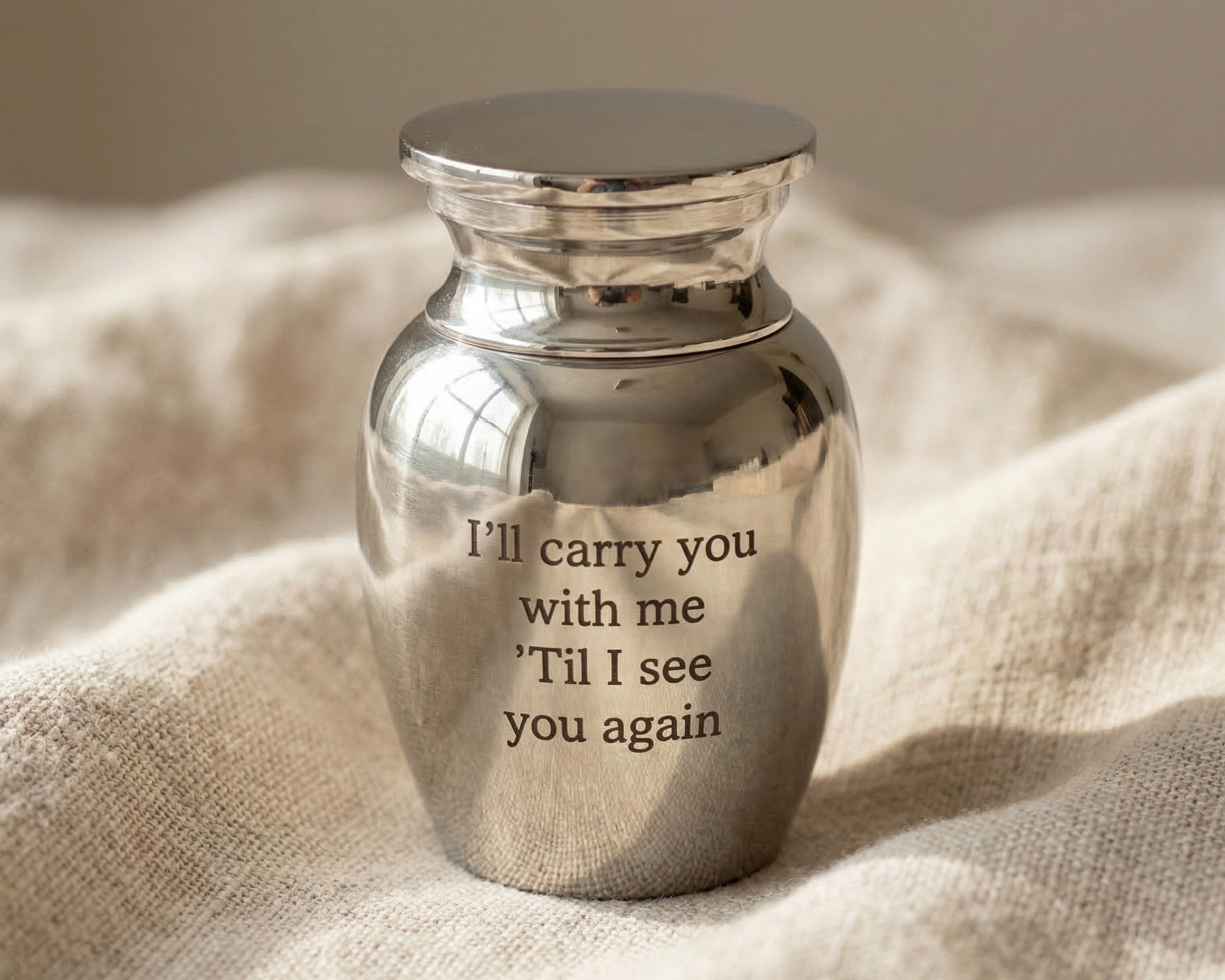 Mini Personalised Keepsake Urn in silver with engraved detail, memorial keepsake piece