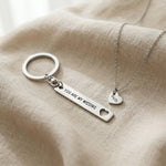 Missing piece necklace and keyring set in silver with engraved detail, matching keepsake