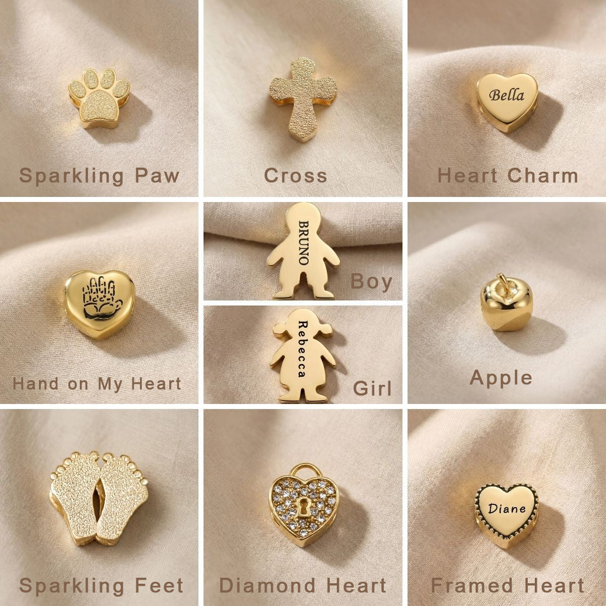 Moments charm bracelet showing selection of personalised charms and decorative inserts