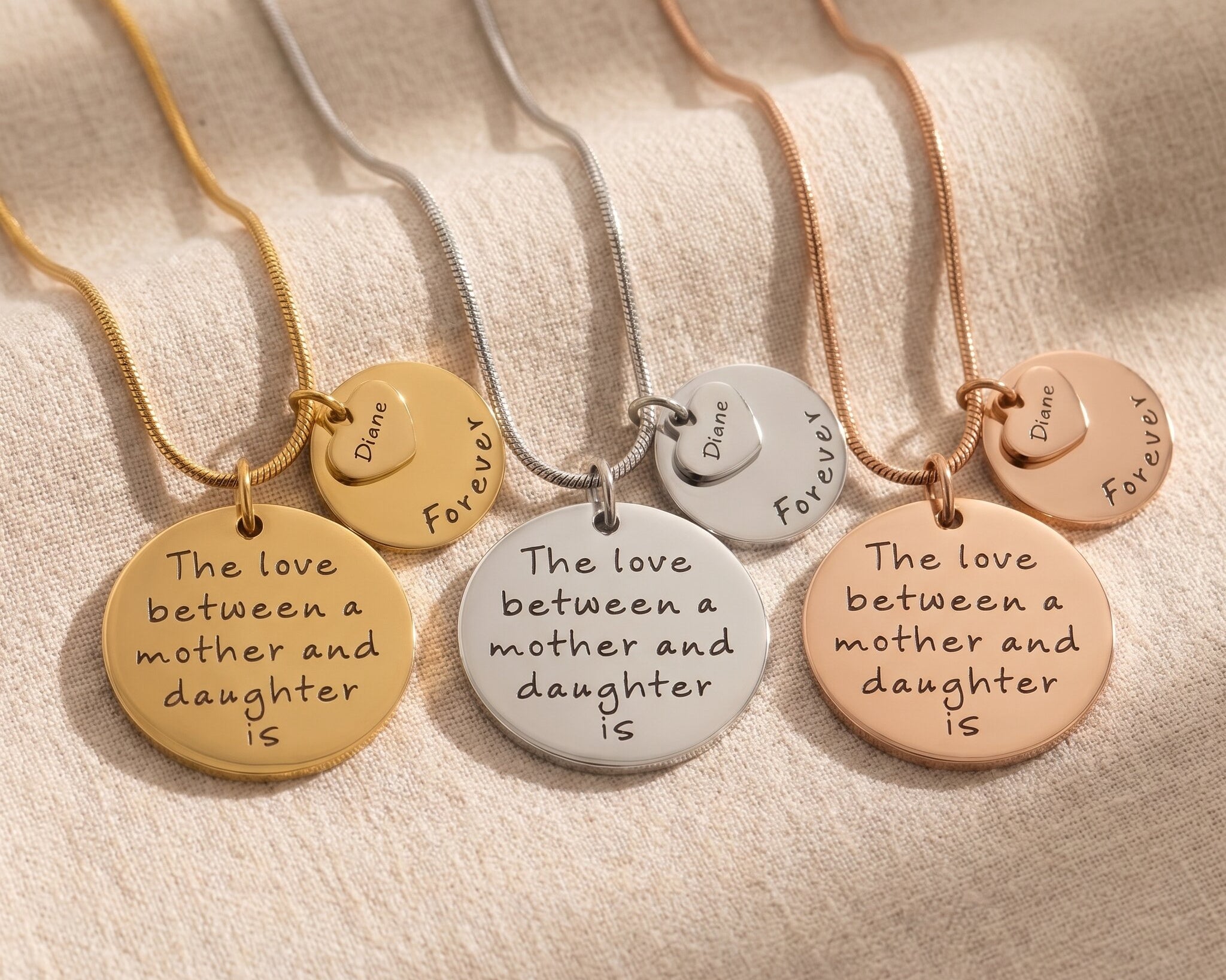 Mother forever necklace tone comparison showing gold, silver and rose gold layered pendant keepsake designs