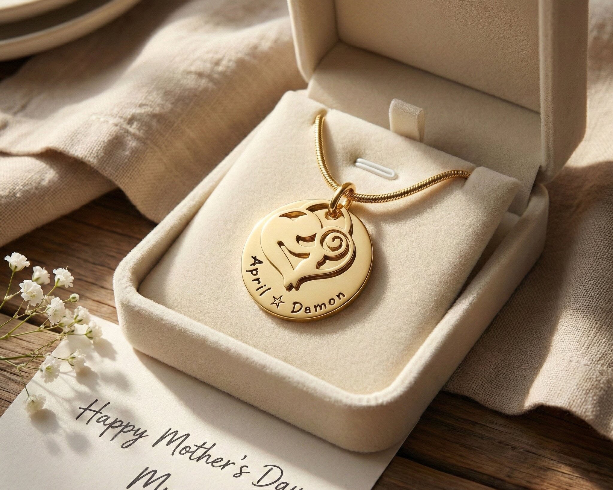 Belle Fever mother’s disc necklace in gift box, personalised mum jewellery, family name necklace, Mother’s Day gift, grandmother keepsake