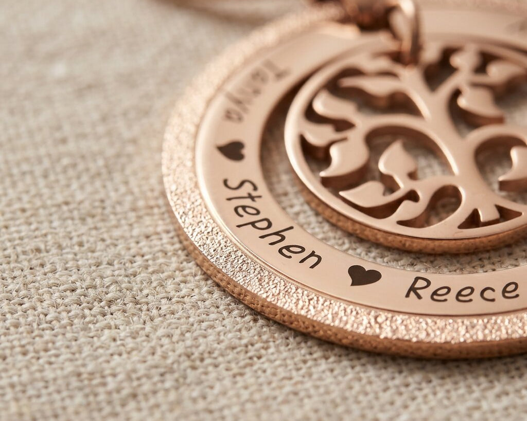My Family Tree necklace showing engraving and sparkling design on circular pendant