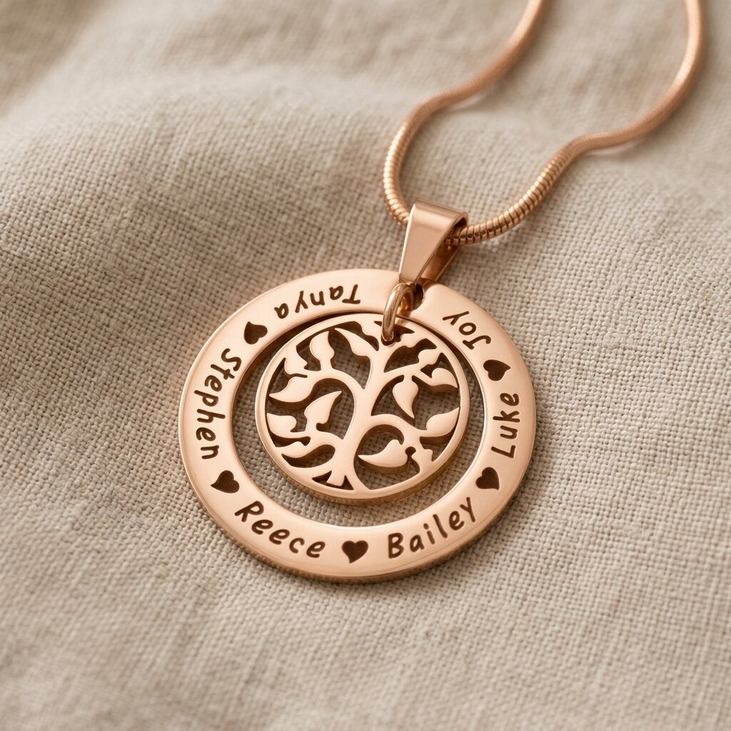 Rose gold My Family Tree necklace with circular tree of life pendant designons