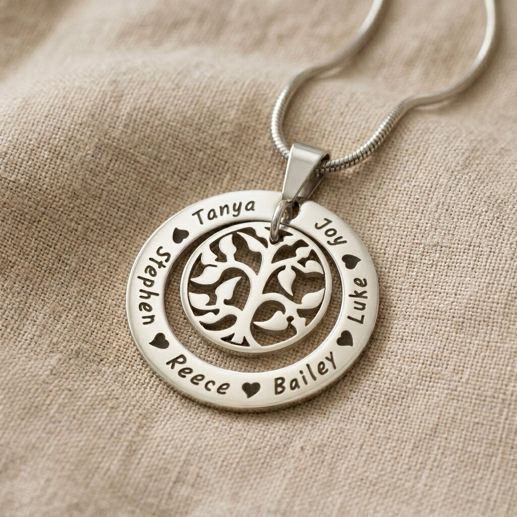Silver My Family Tree necklace with circular pendant featuring tree of life design