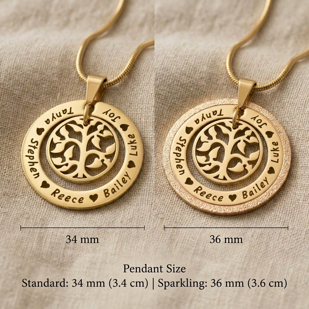 Pendant size guide for My Family Tree necklace standar and sparkling   dimension