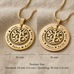 Pendant size guide for My Family Tree necklace standar and sparkling   dimension