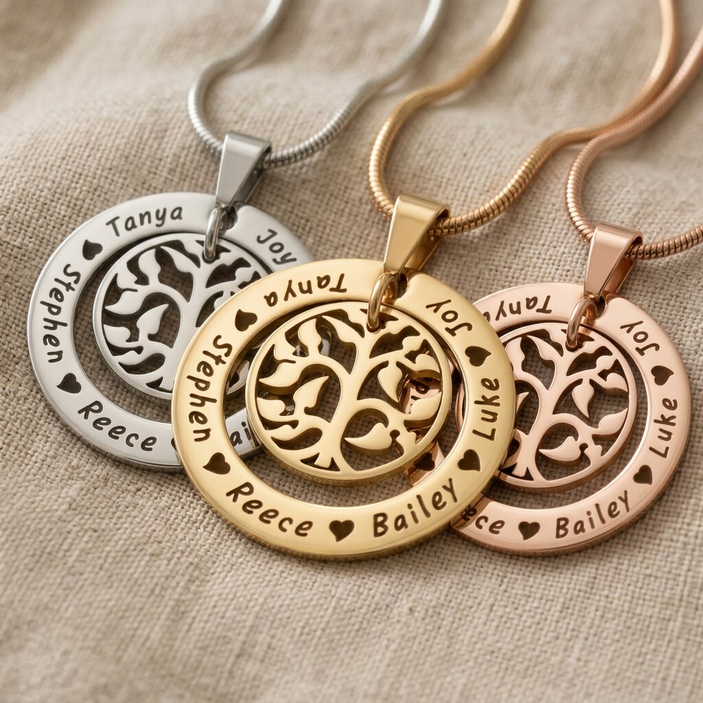 My Family Tree necklace in gold, silver and rose gold finishes with circular tree pendant