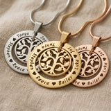 My Family Tree necklace in gold, silver and rose gold finishes with circular tree pendant