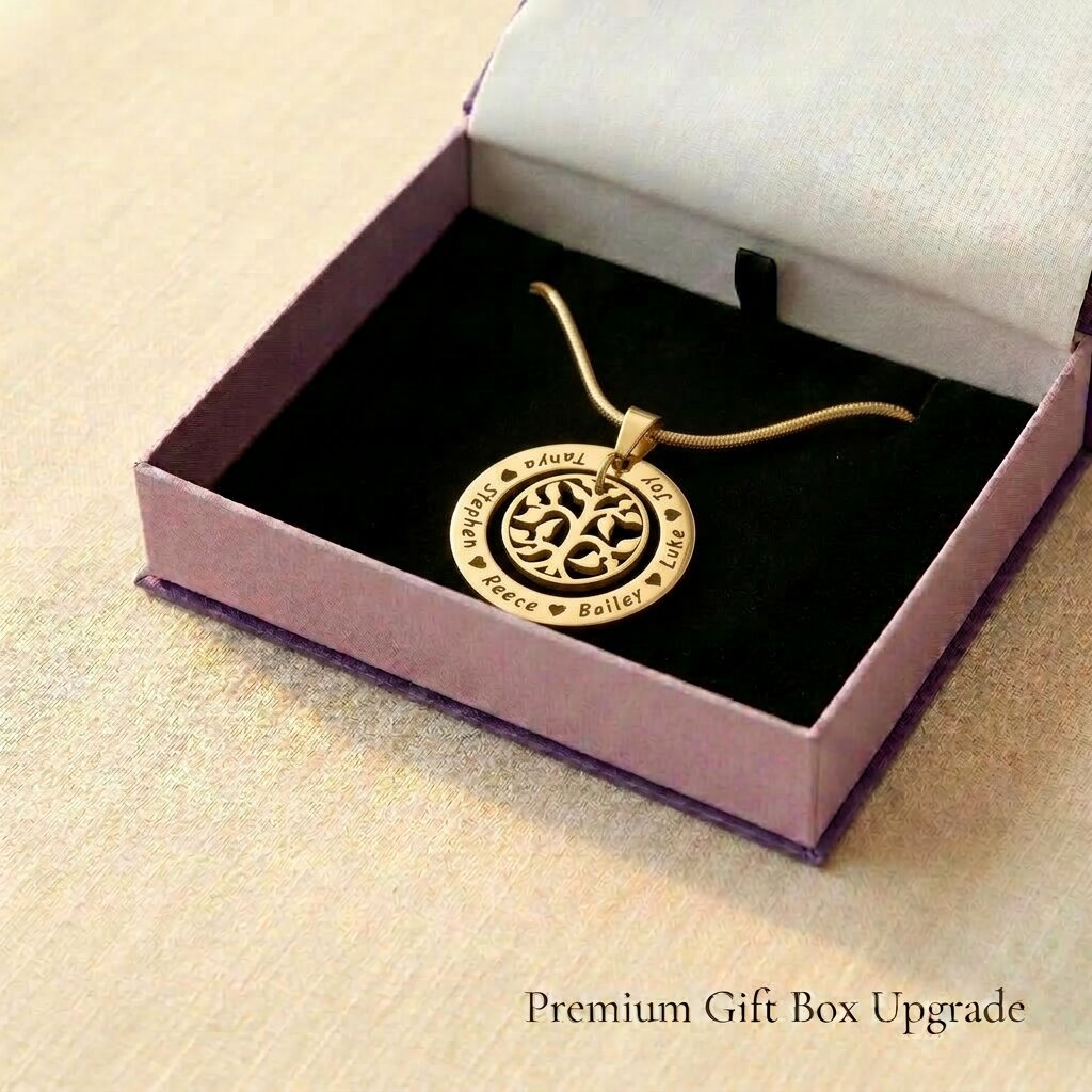 My Family Tree necklace presented in elegant jewelry gift box packaging