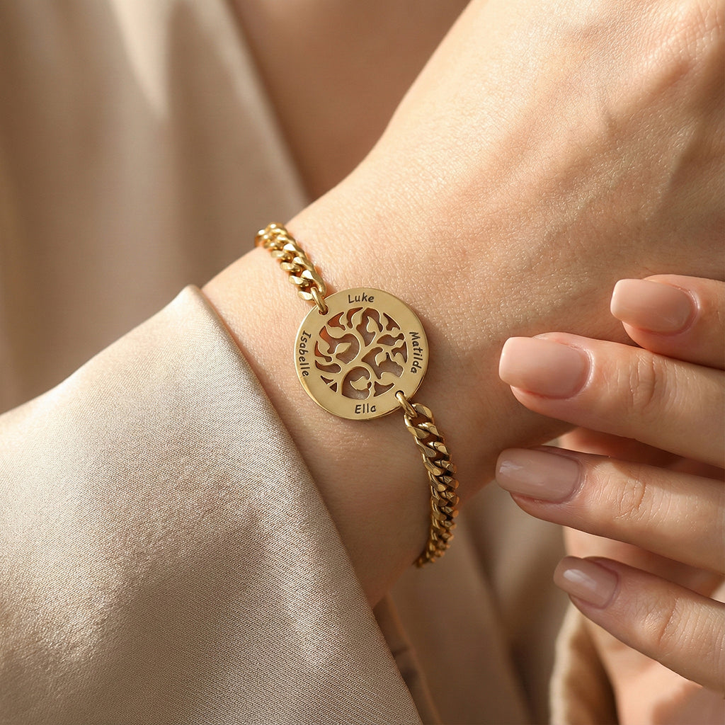 Belle Fever my tree bracelet in gold, personalised engraved names bracelet worn on wrist, symbolic tree of life jewellery gift for mum, meaningful family keepsake