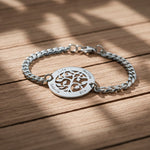 Belle Fever my tree bracelet in silver with blue cord, personalised engraved tree of life jewellery, meaningful family bracelet gift, custom name keepsake.