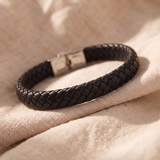Personalised black braided leather bracelet with polished metal clasp, designed as a stylish everyday keepsake