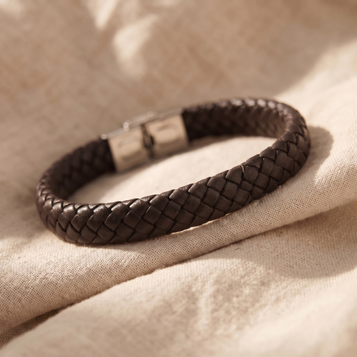 Personalised brown braided leather bracelet with polished metal clasp, designed as a timeless everyday keepsake