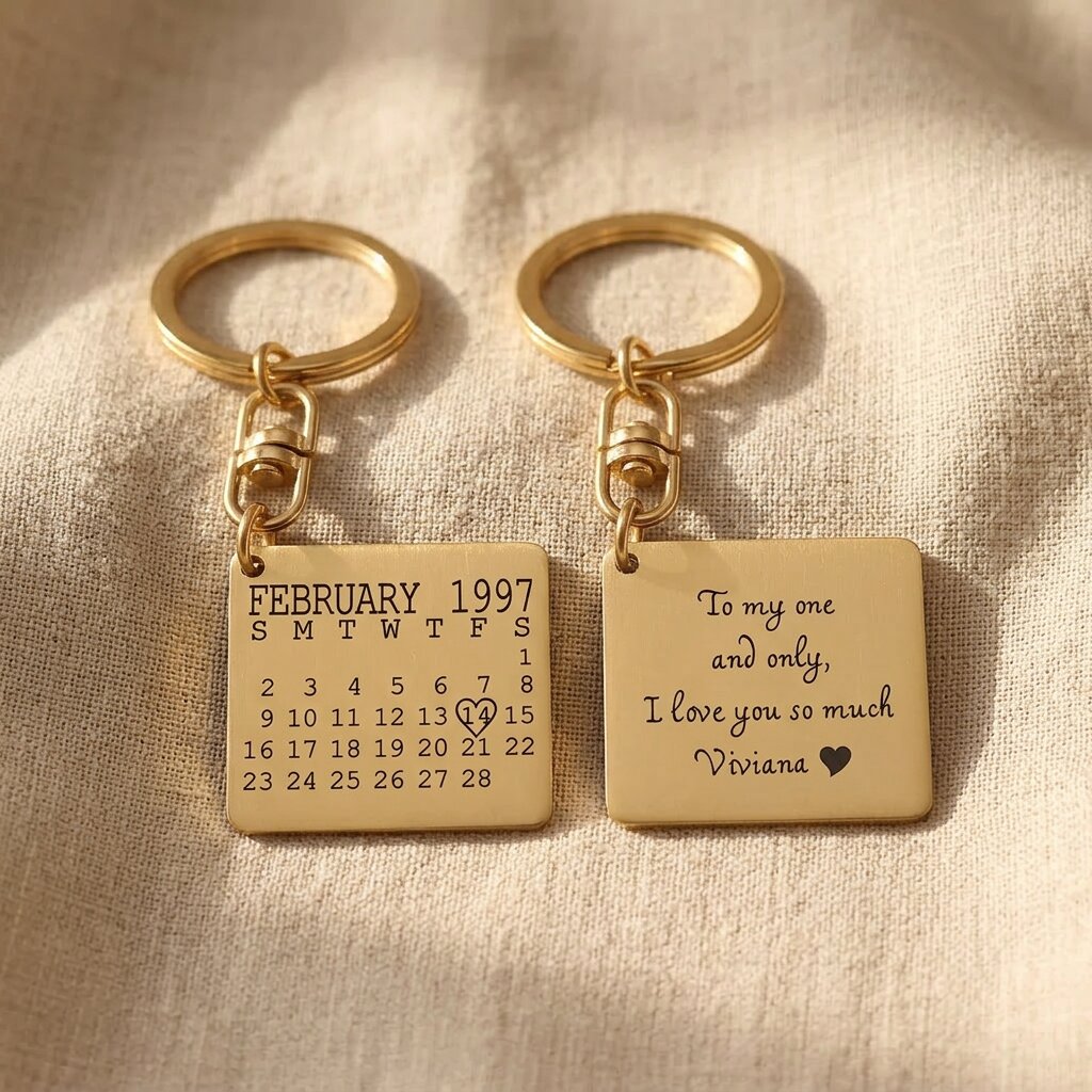 Personalised calendar keyring with multiple tag styles and engraved date and handwriting message options