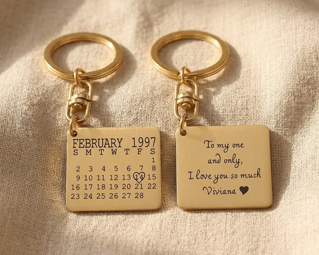 Personalised calendar keyring with multiple tag styles and engraved date and handwriting message options