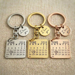 Personalised calendar keyring in gold, silver and rose gold finishes with engraved calendar design