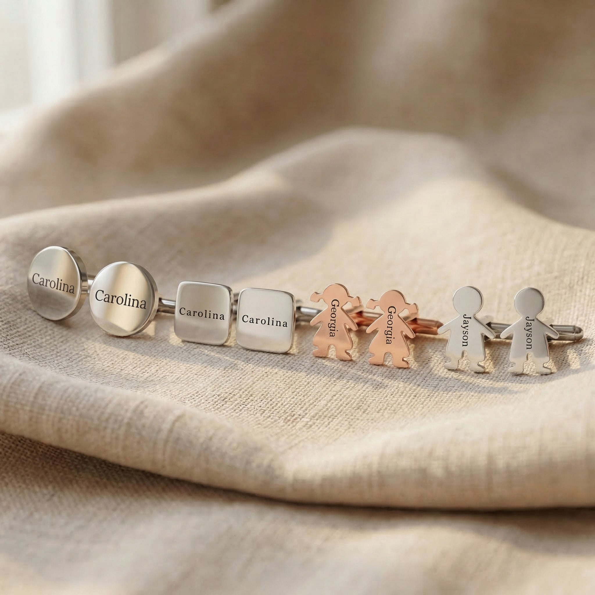 Personalised cufflinks showing different shape options with name engraving