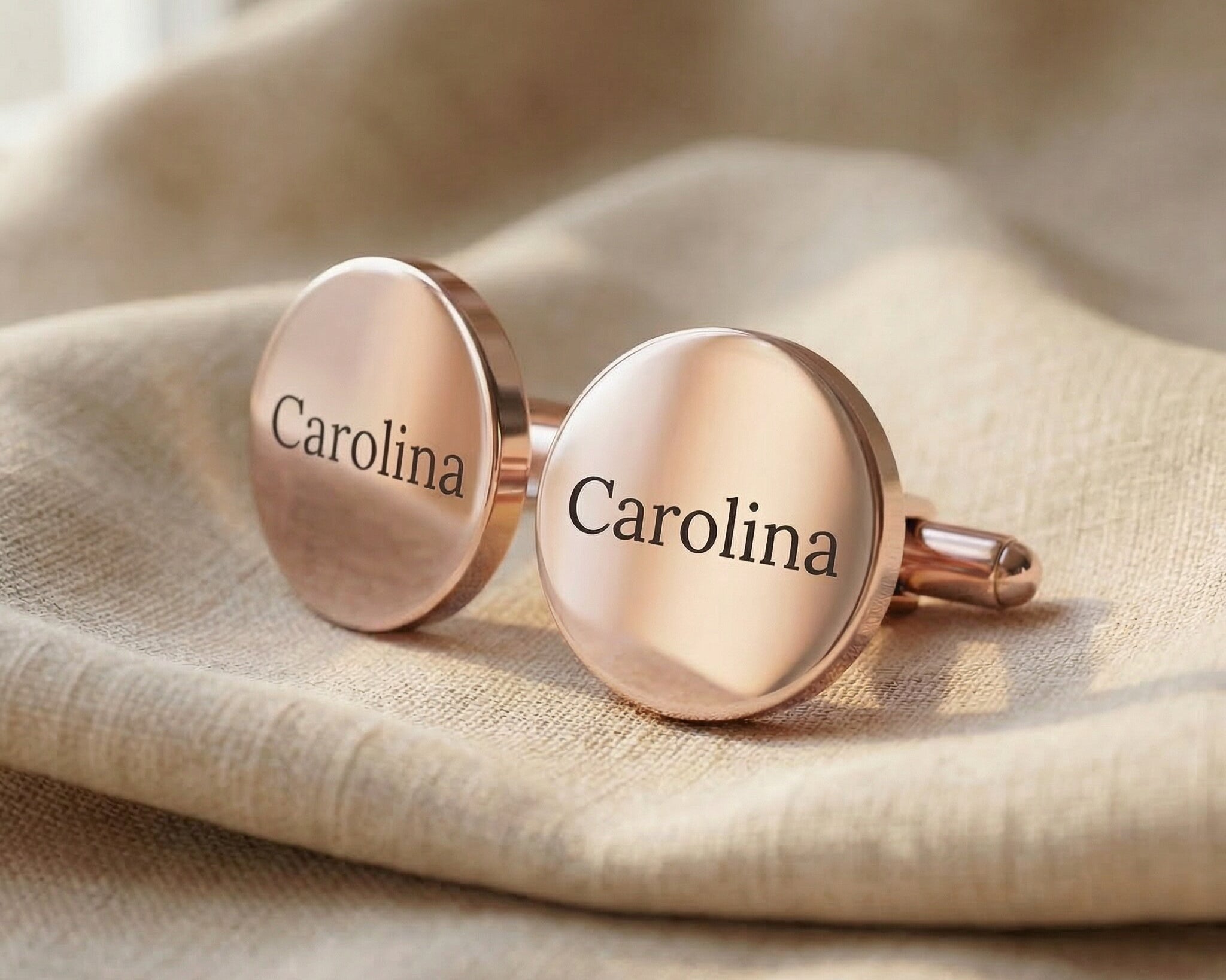 Personalised cufflinks in rose gold with engraved name, elegant formal accessory