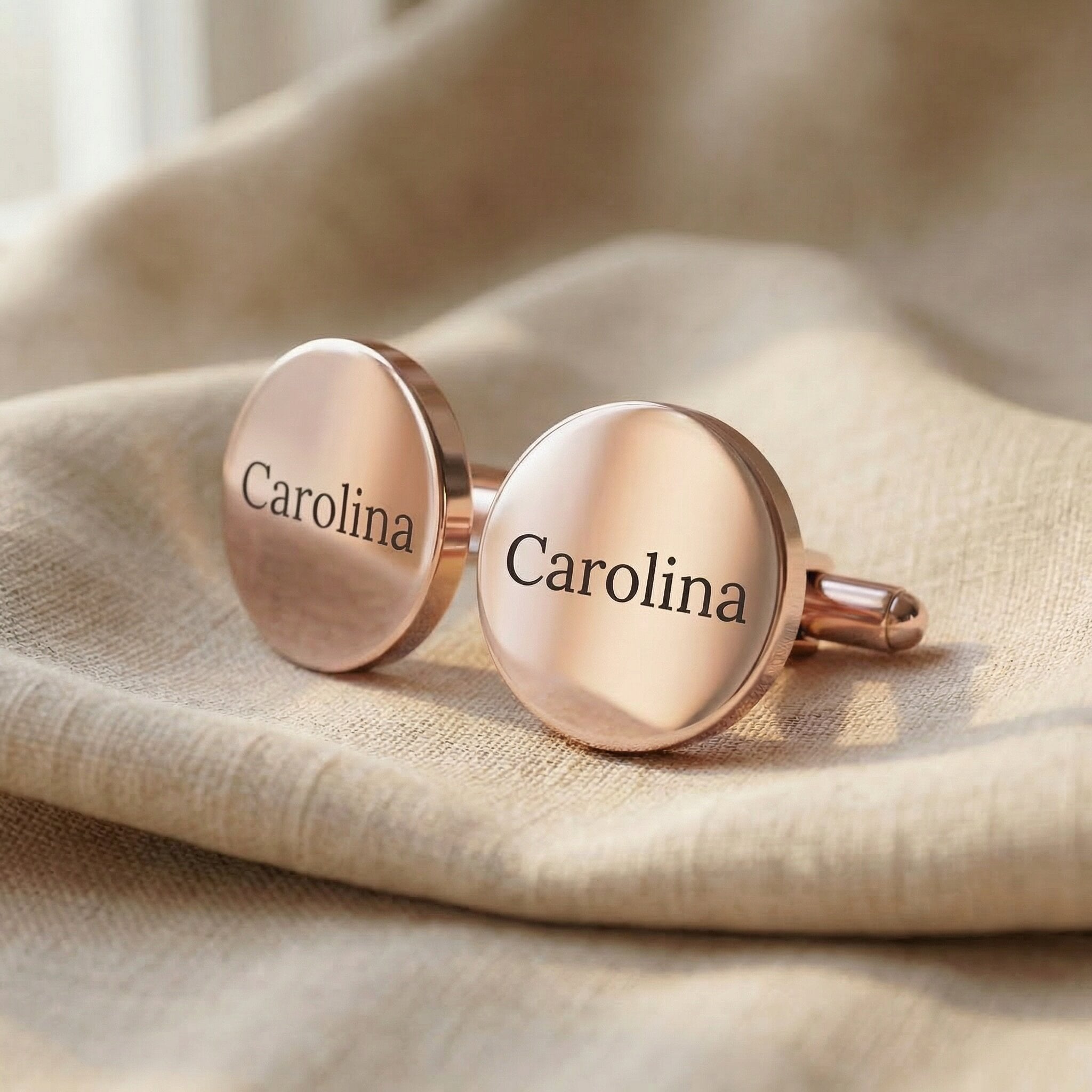 Personalised cufflinks in rose gold with engraved name, elegant formal accessory