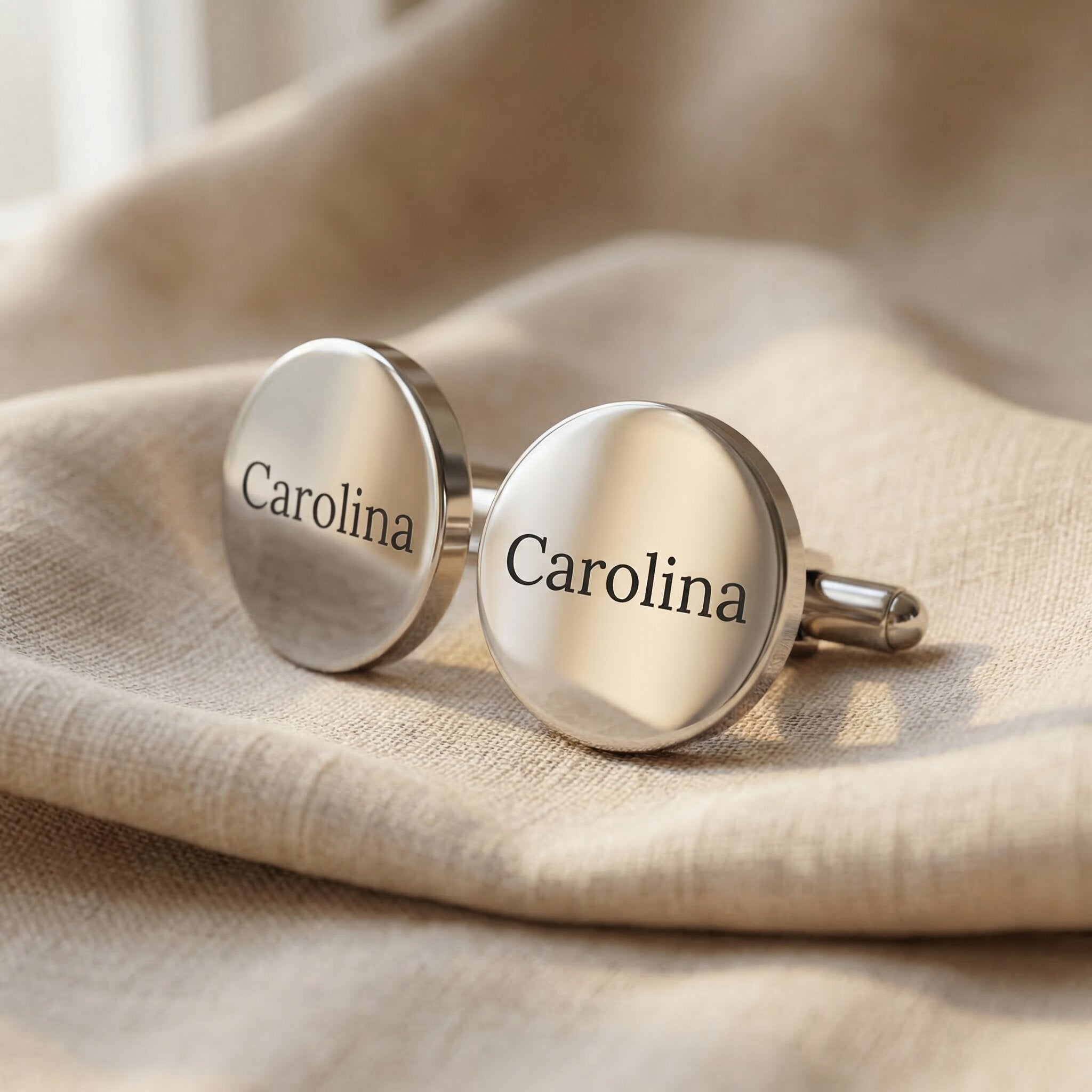 Personalised cufflinks in silver with engraved initials, classic formal jewellery piece