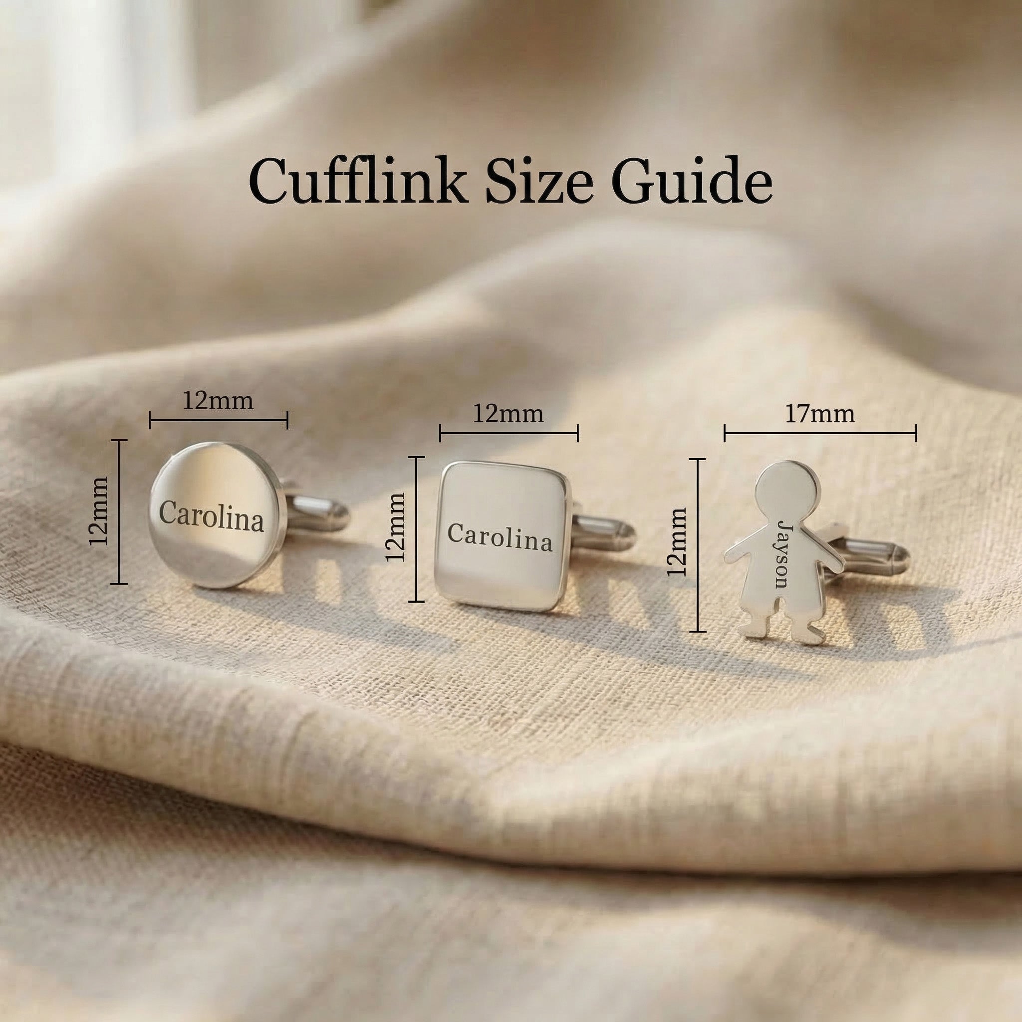 Personalised cufflinks size guide showing different shapes with dimension details