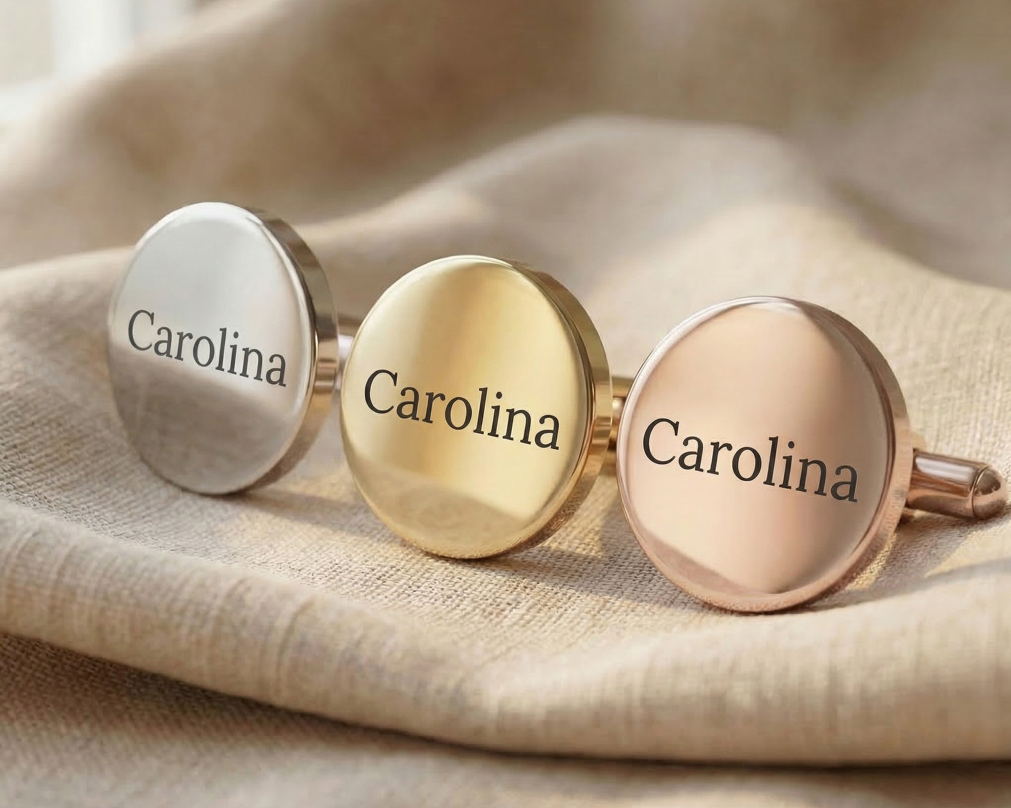 Personalised cufflinks tone comparison showing gold, silver and rose gold engraved finishes