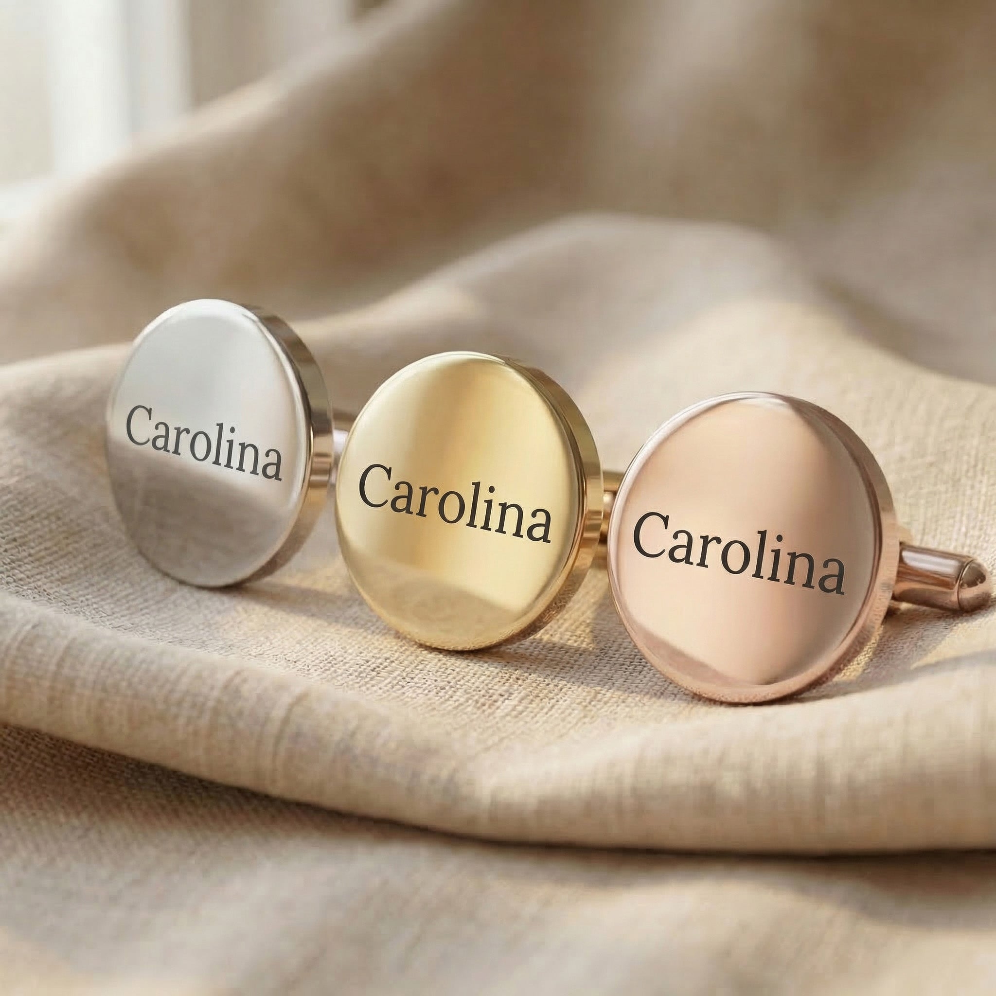 Personalised cufflinks tone comparison showing gold, silver and rose gold engraved finishes