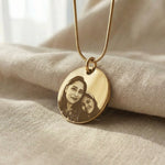 Personalised Disc Pendant in gold with custom photo engraving, classic keepsake jewelry piece