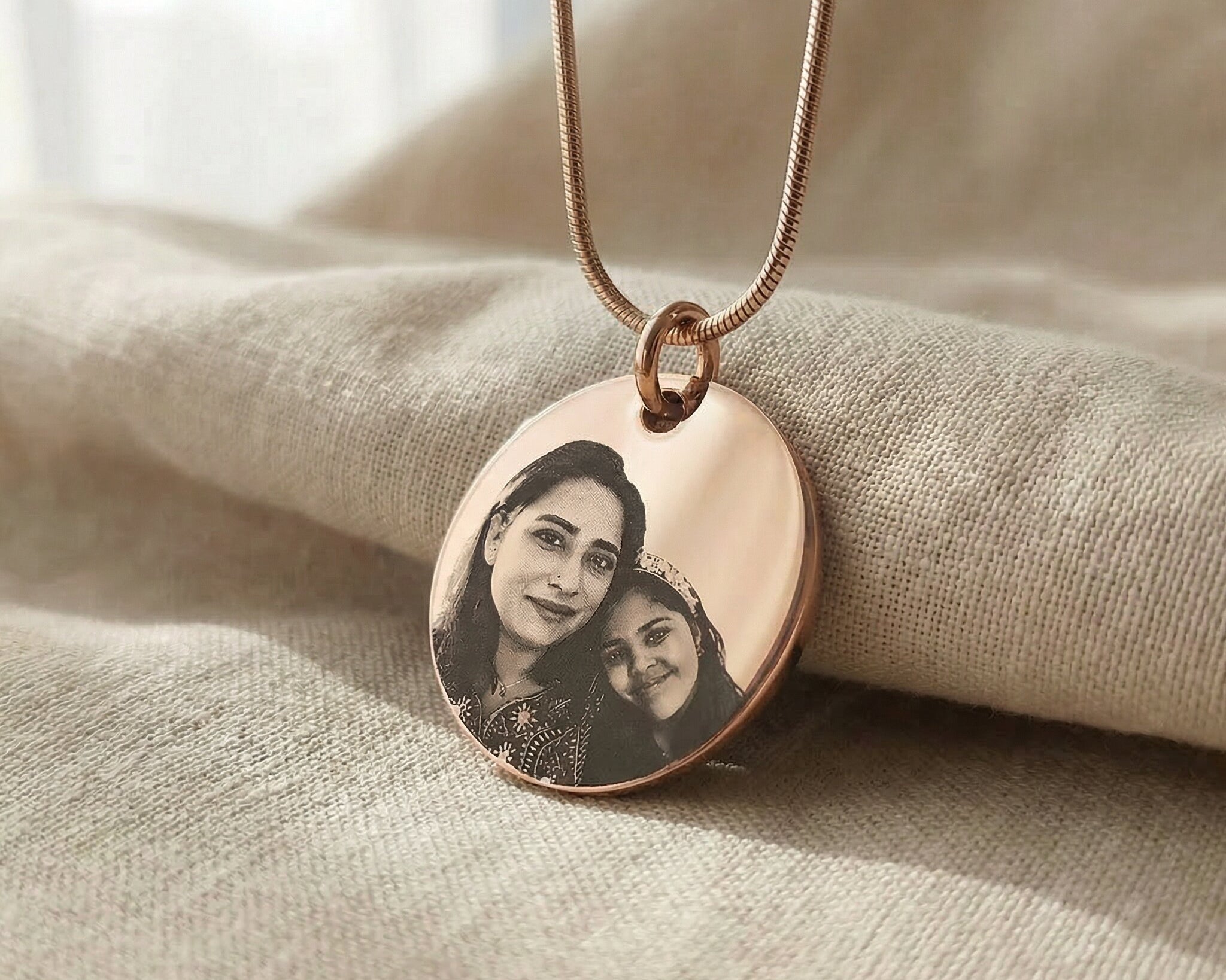 Rose Gold Personalised Disc Pendant with custom photo engraving, elegant keepsake jewelry