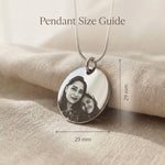 Personalised Disc Pendant size guide showing photo pendant dimensions and chain length details