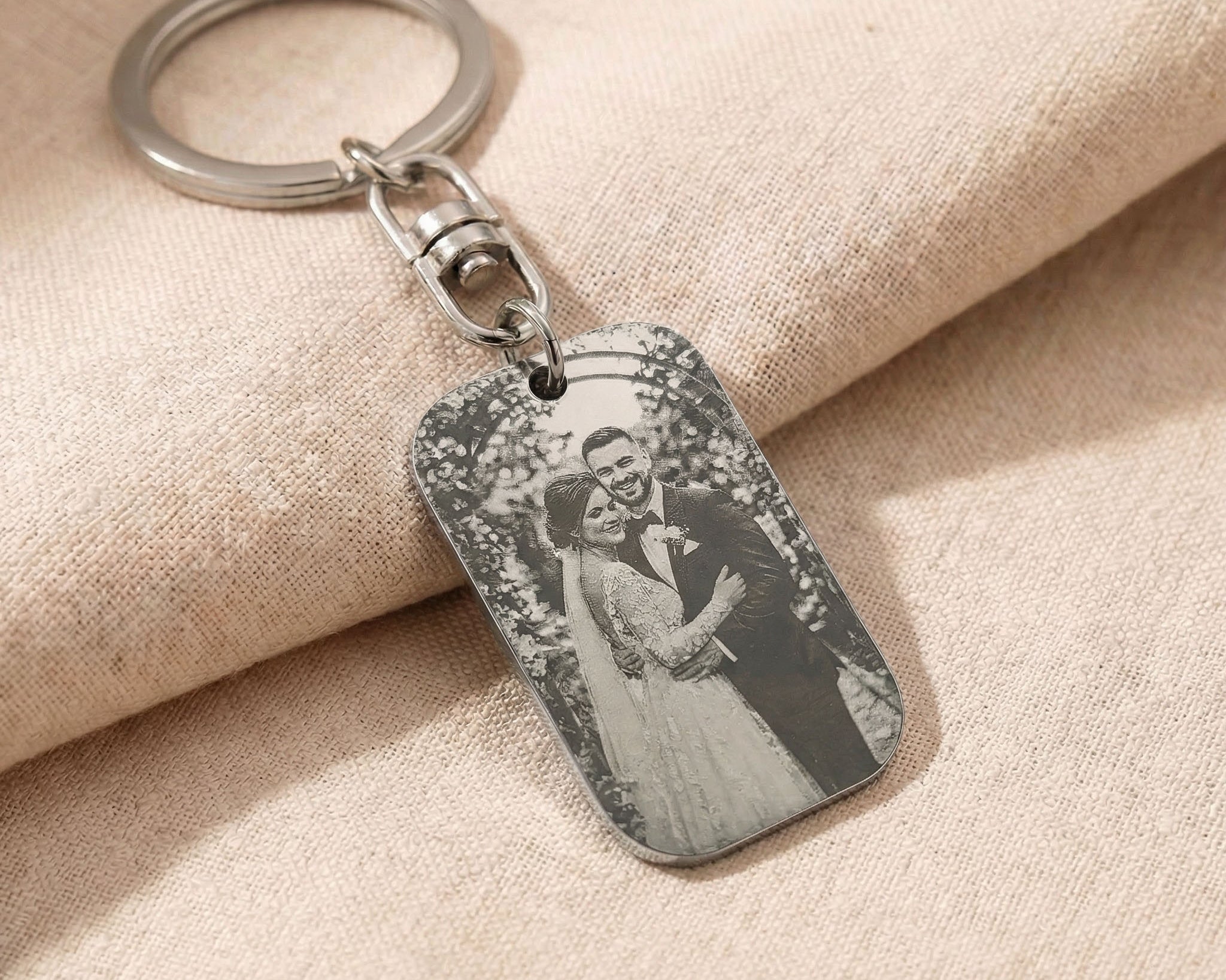 Personalised dog tag keyring with custom photo engraving, meaningful memory keepsake