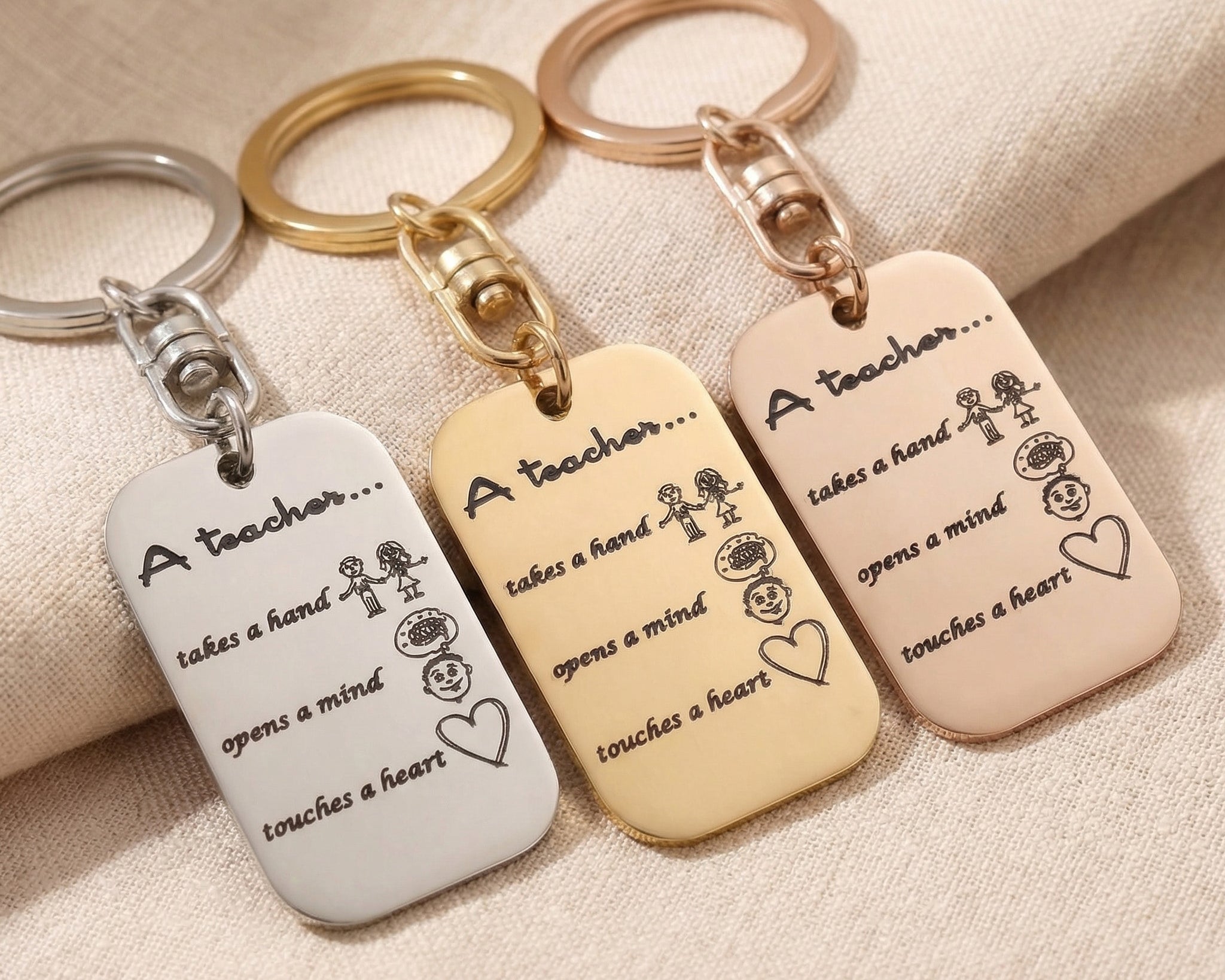Personalised dog tag keyring tone comparison showing gold, silver and rose gold finishes