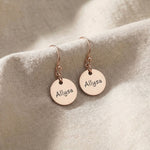 Rose gold personalised earrings with engraved name on disc design