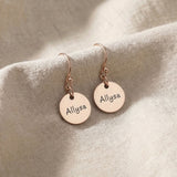 Rose gold personalised earrings with engraved name on disc design