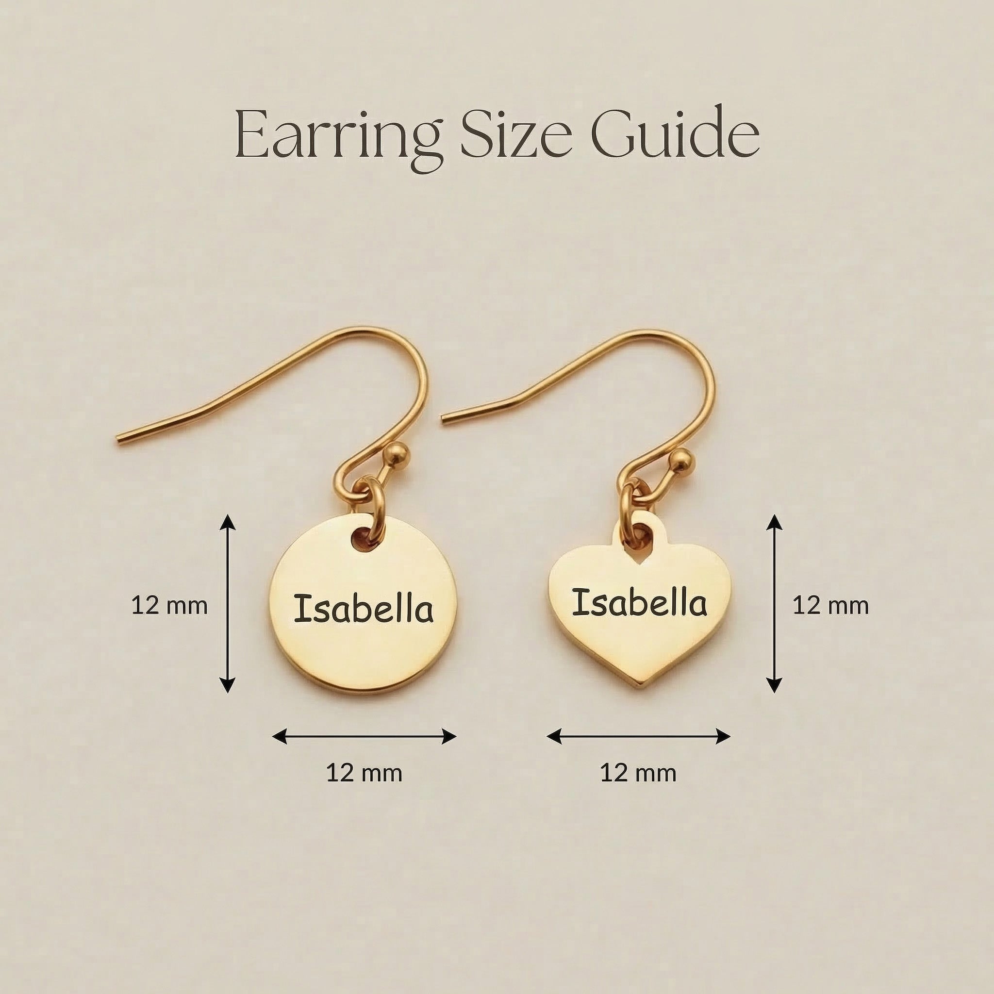 Size guide showing dimensions of personalised disc and heart shape earrings 