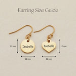 Size guide showing dimensions of personalised disc and heart shape earrings 