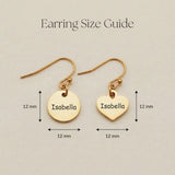 Size guide showing dimensions of personalised disc and heart shape earrings 