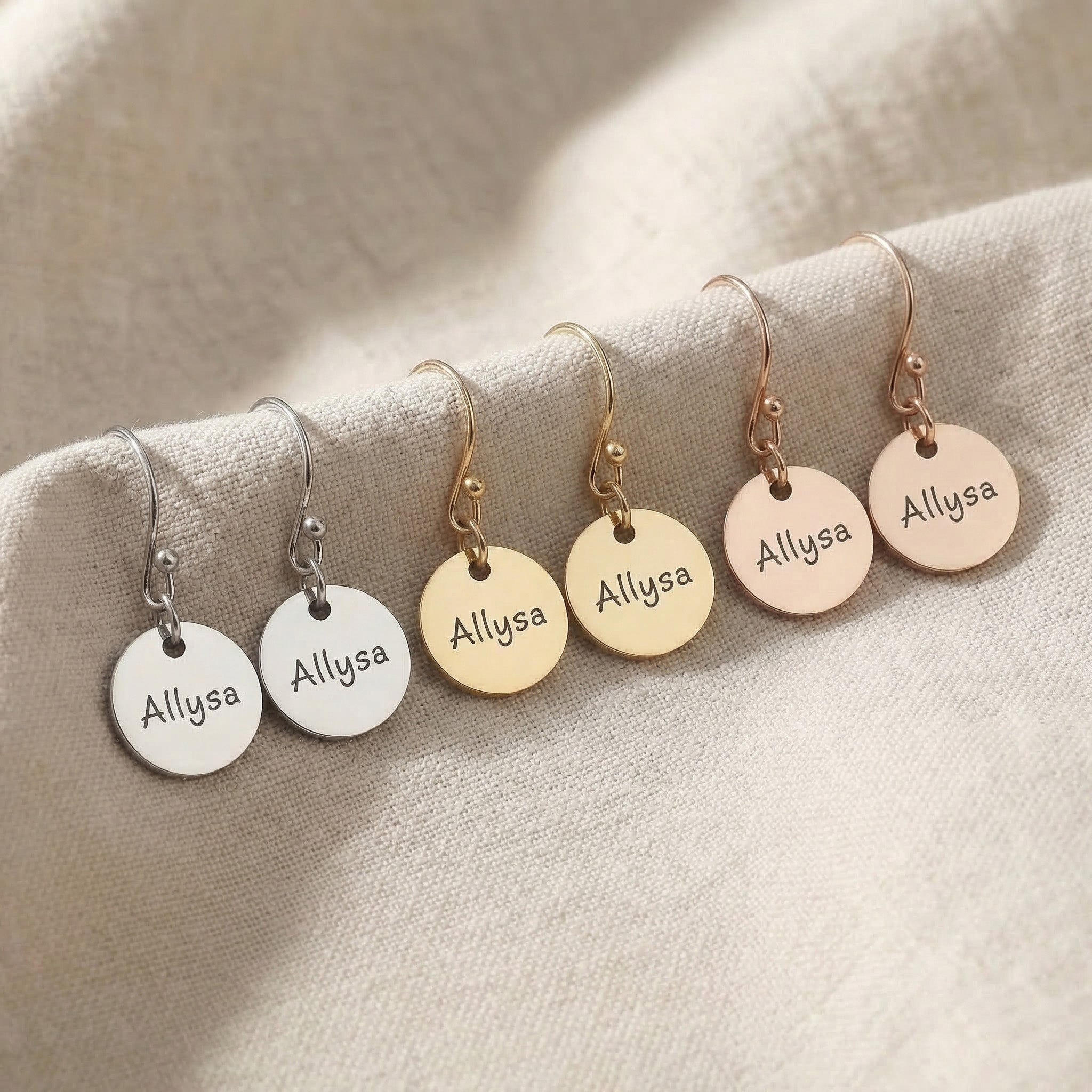Personalised earrings in gold, silver and rose gold finishes with engraved disc design