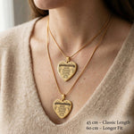 Personalised heart necklace worn showing chain length and pendant size on neckline